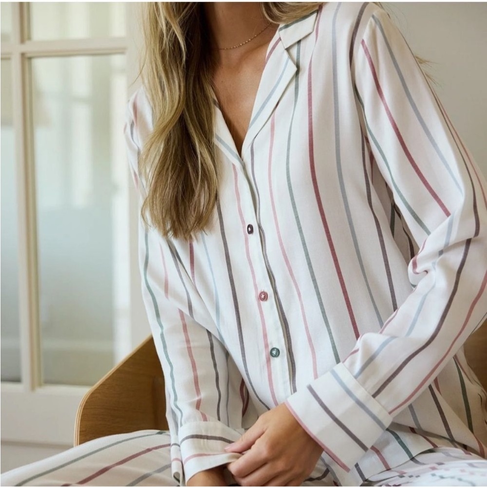 Cozy Earth Woven Long Sleeve Pajama Top Cottage Stripe Size Medium